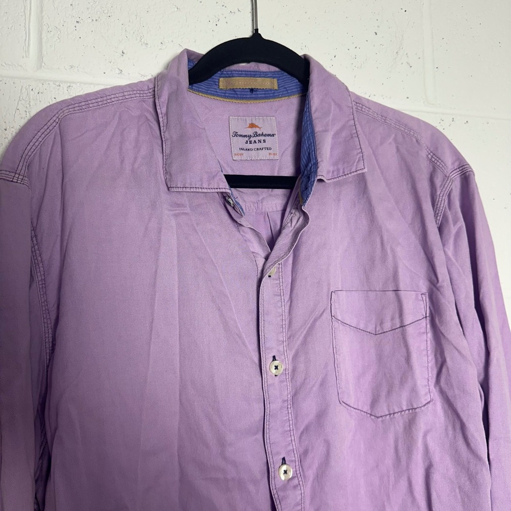 Tommy Bahama Jeans Purple Tencel Cotton Button Down Shirt Men Large Island Craft